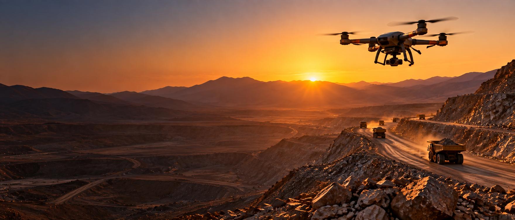 Dron sobre camino de faena minera al atardecer