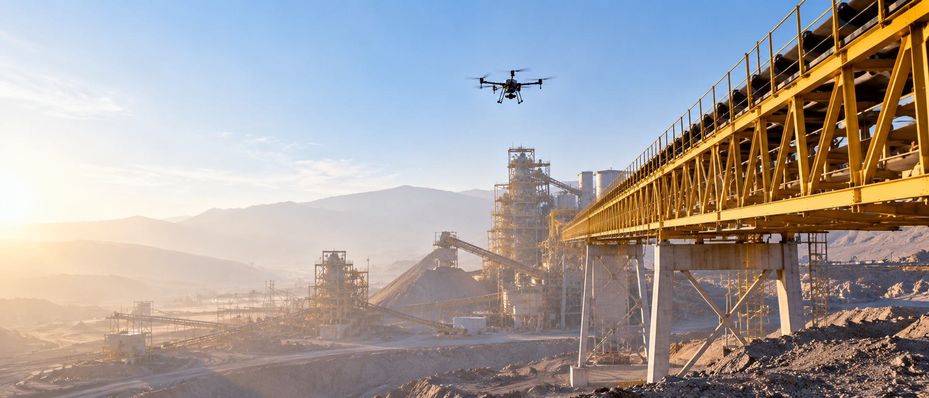Correa transportadora de planta minera inspeccionada con dron